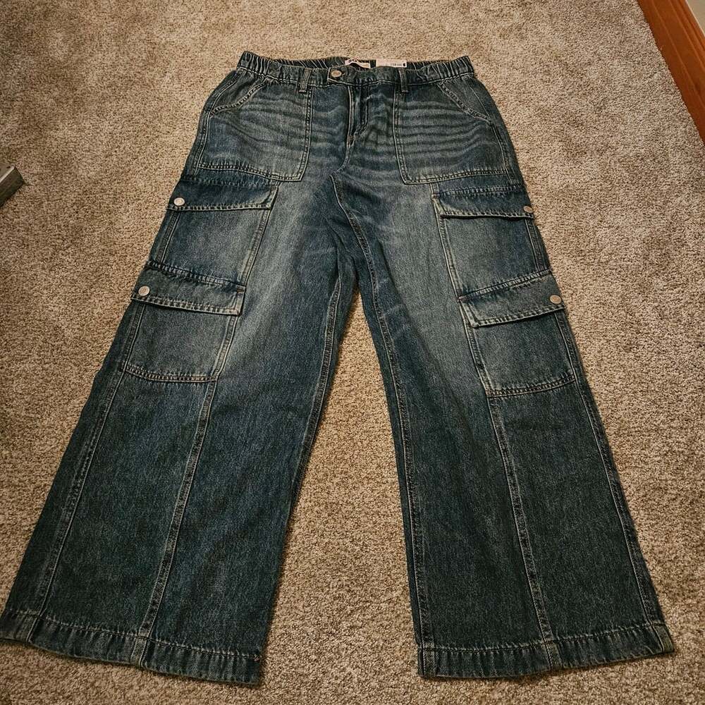 NWT SO Low Rise Cargo Wide Leg Jeans Size XL Blue Denim